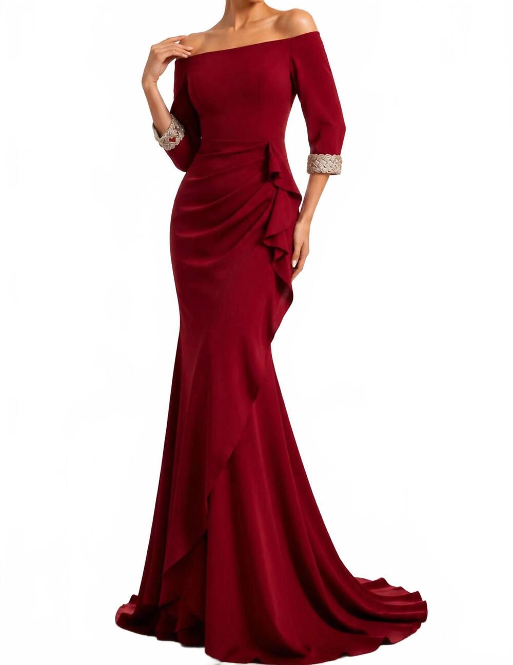 NEW JOVANI off-shoulder gown with beaded in cranberry red